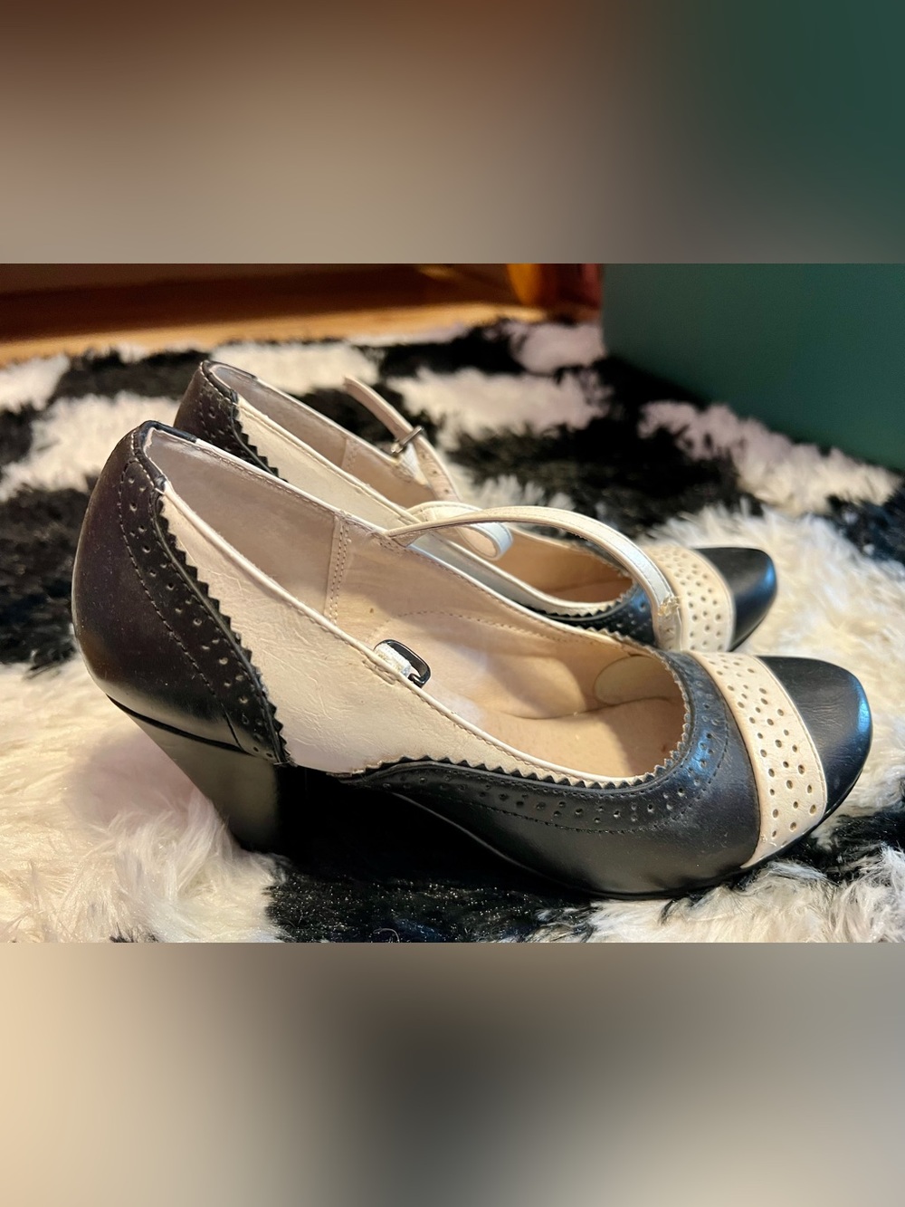 Chelsea Crew Two-Tone Mary Jane Wedge Pumps in Black and Cream